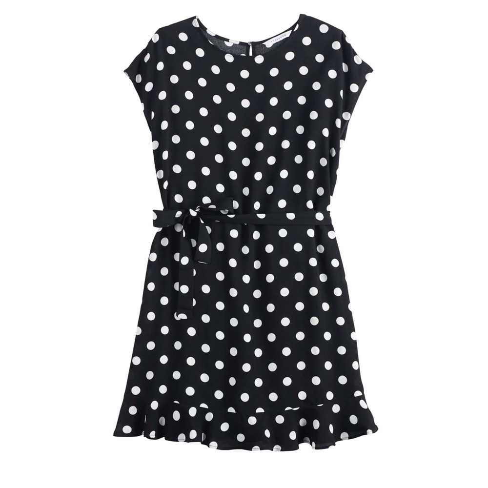 POPSUGAR Polka Dot Dress Black and White With Belt that ties into Bow XS.